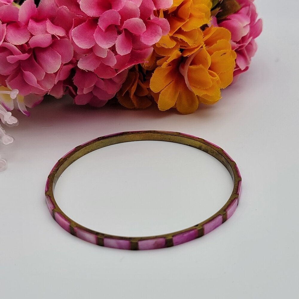 Pink Opalescent Stone Inlay Brass Bangle Bracelet 8.5 Inch Dancer